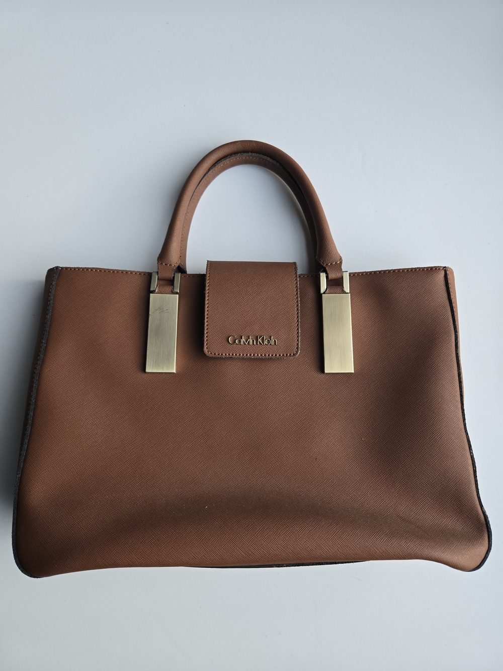 Calvin Klein Cognac Saffiano Leather Convertible Satchel Tote Bag - Picture 3 of 16